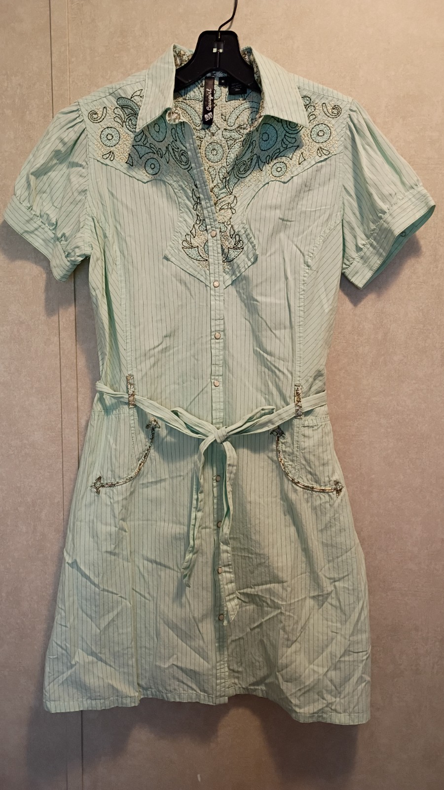 Cowgirl Coastal Country Pearl Button Y2K Western Embroiderd Teal Dress Size M