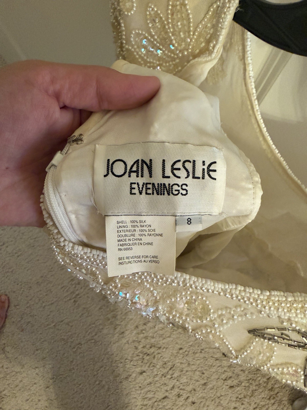 Joan Leslie Evenings 8 Ivory Beaded Sequin Mesh Silk Sheath Dress Knee