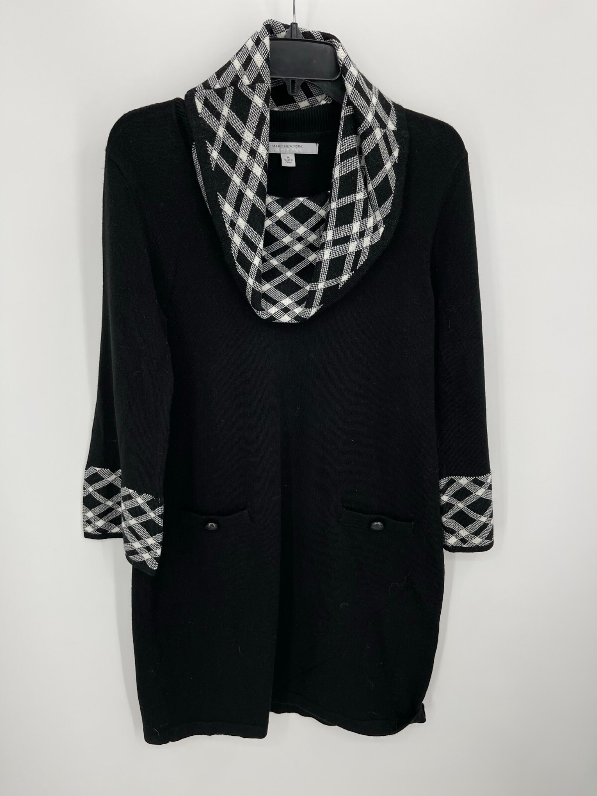 Marc New York Sweater Dress Womens Medium Black Contrast Plaid Cowl Neck Shift