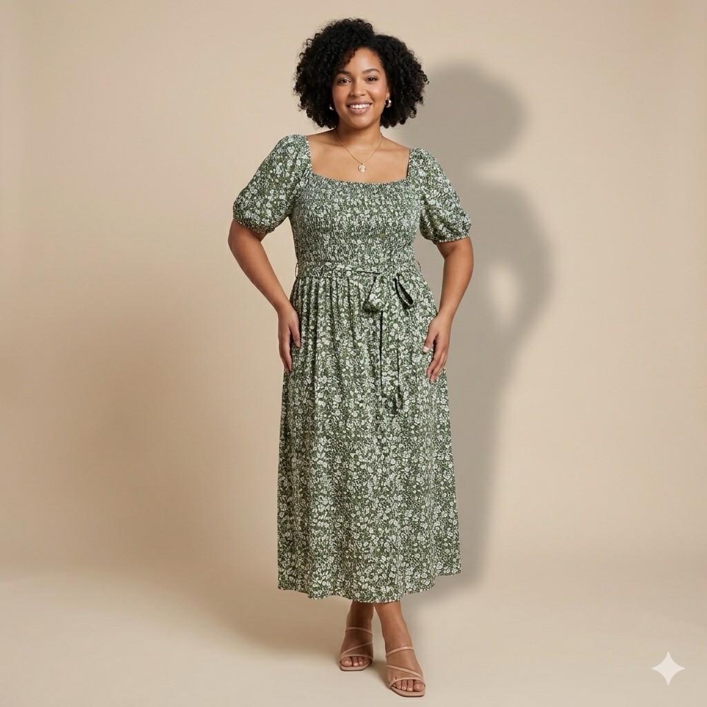 Indigo Rose Women’s 2X Green Floral Smocked Midi Dress Puff Sleeve NWT