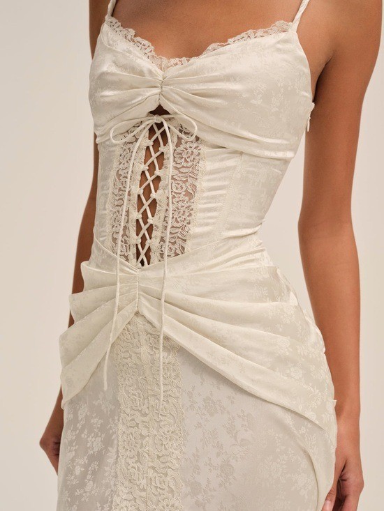 $729 NWT For Love And Lemons “Ophelia” Lace-Up Maxi Gown in Ivory Sz 4
