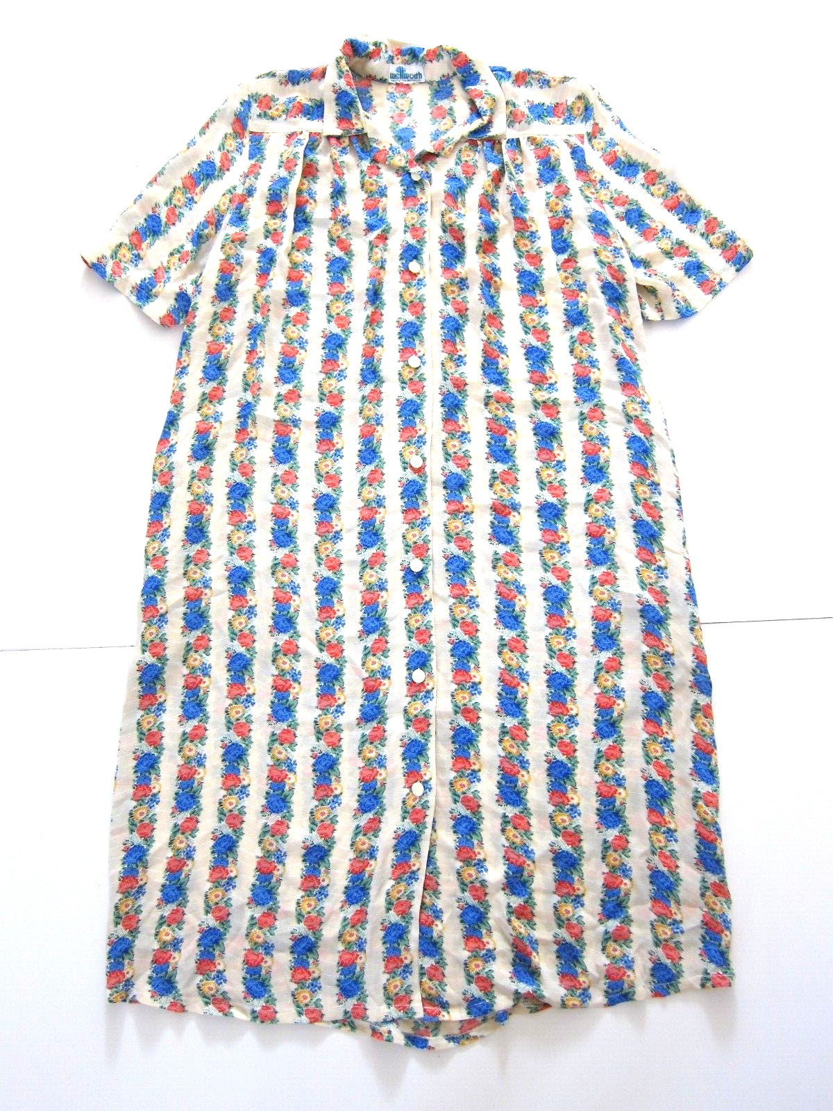 Wellworth Ivory Pink Blue Floral Short Sleeve Button Down Long Maxi Dress M-L