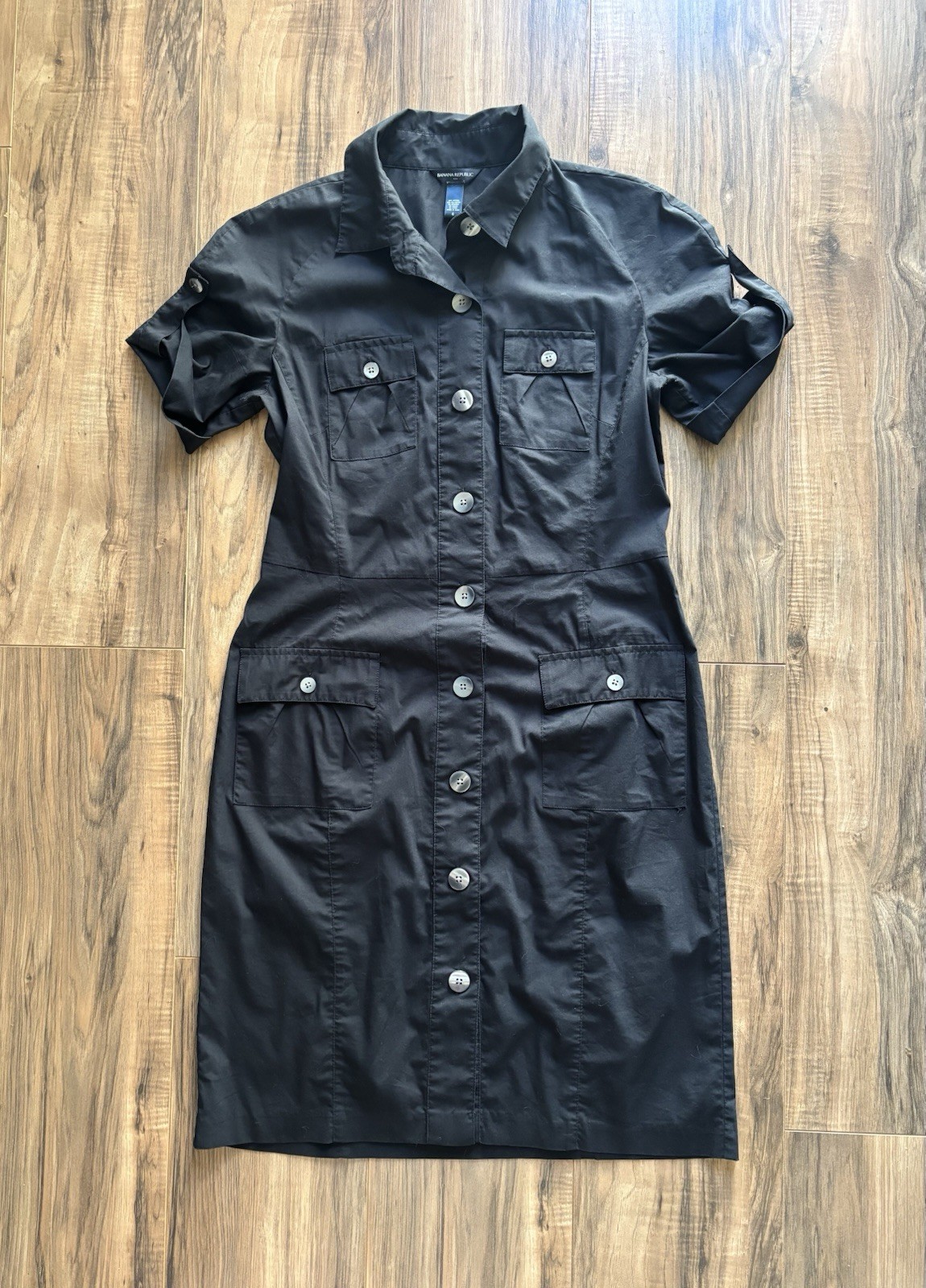Banana Republic Black Utility Short-Sleeve Button-Front Midi Shirt Dress Size 6