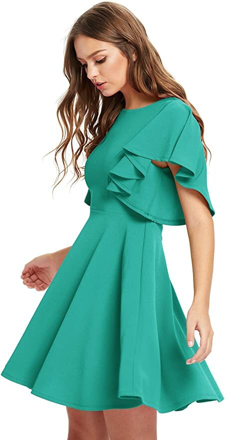 Romwe Stretchy A Line Swing Flared Skater Cocktail Party Dress, Teal Blue, S