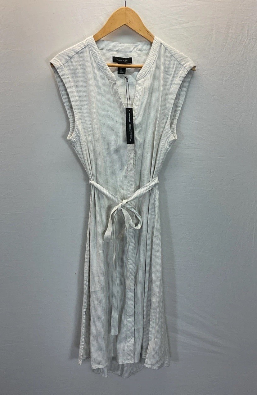 New Tahari Stretch Linen Blend White Black Pinstripe Button Dress Lagenlook 10