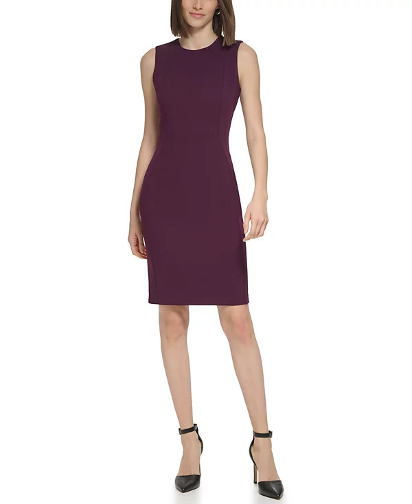 CALVIN KLEIN Seam Front Crew Neck Scuba Crepe Sleeveless Sheath Dress, 2 Purple