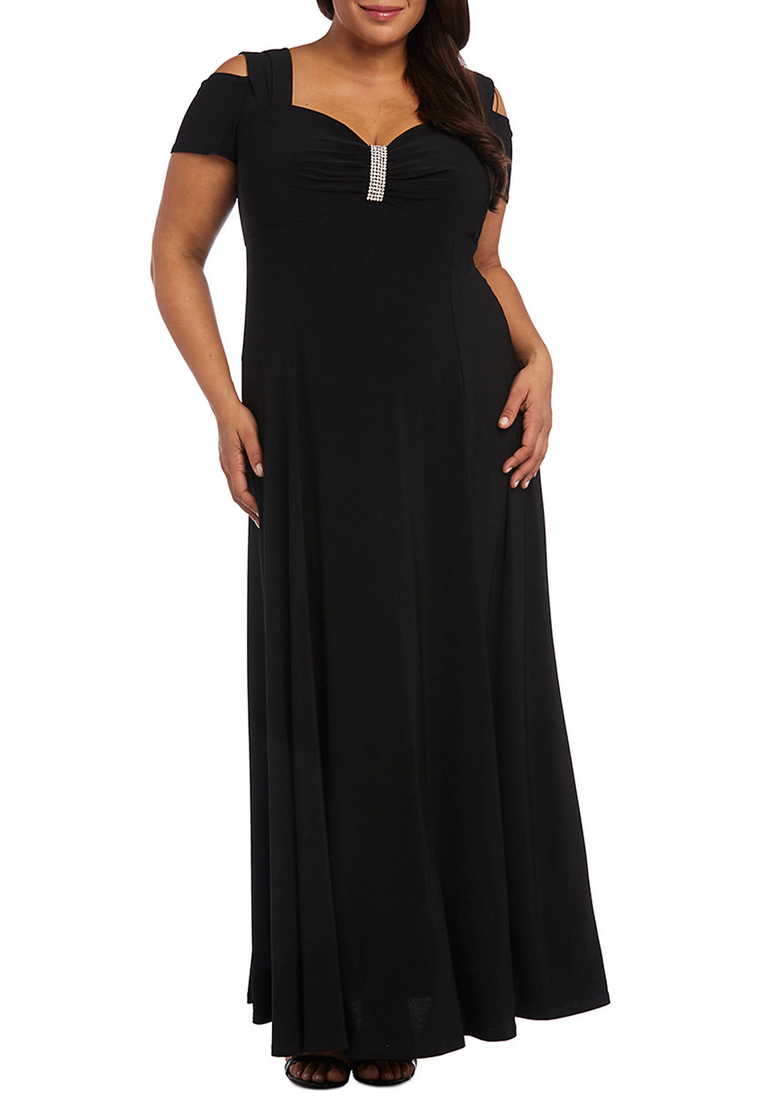 NWT – R&M Richards Size 14W Rhinestone-Trim Side-Slit Black Gown Maxi Dress 14W