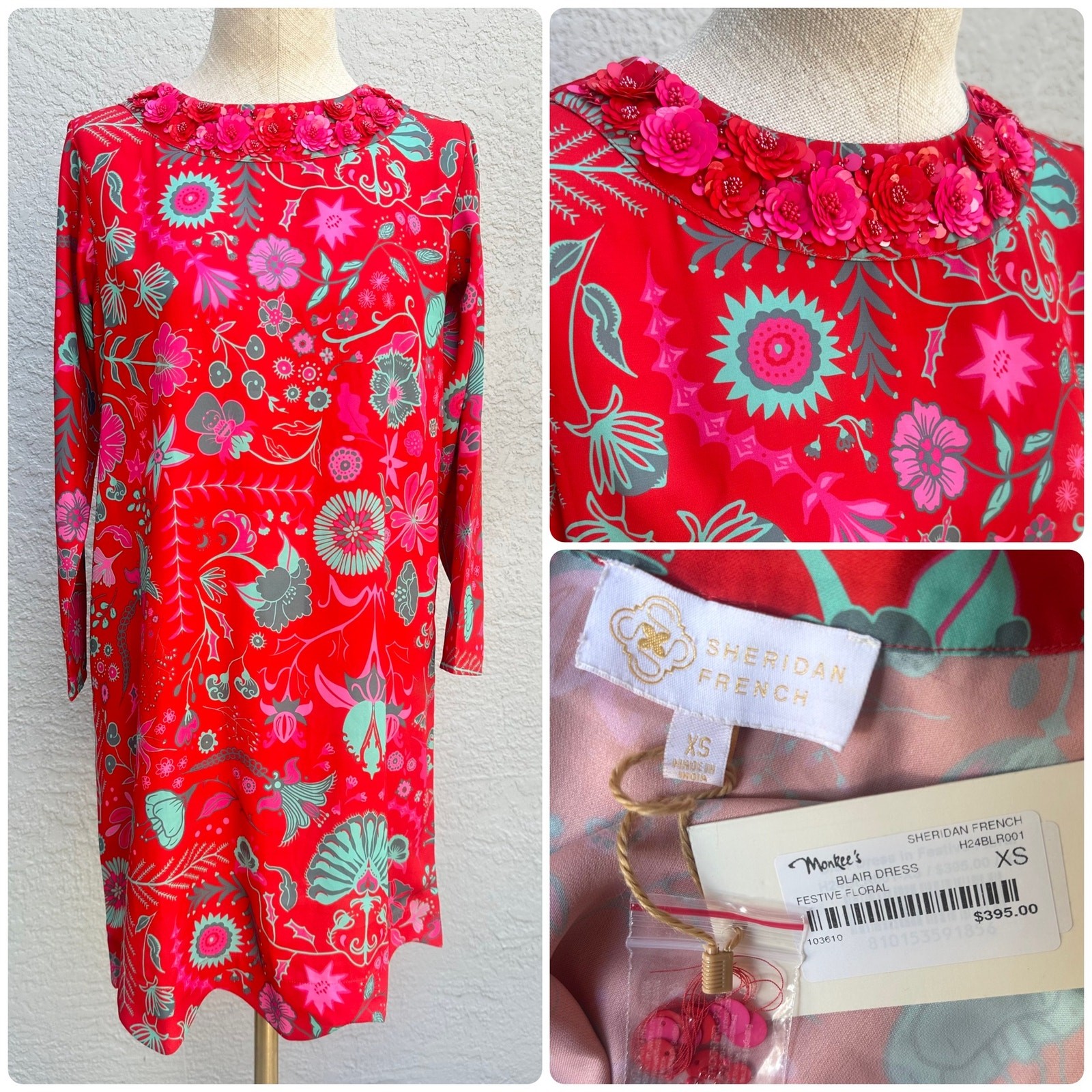 NWT Sheridan French Red, Pink, Green Floral Flower Applique Dress Sz XS