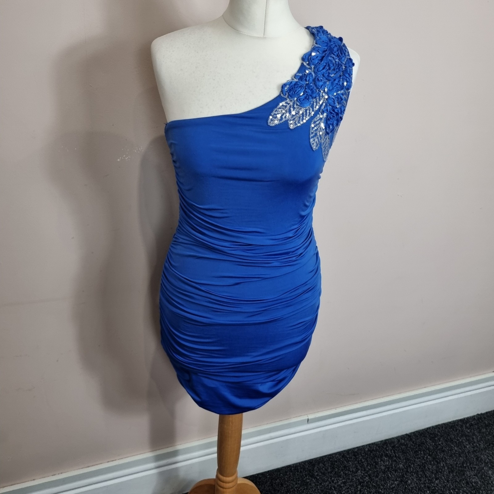 Vintage Jane Norman One Shoulder Blue Mini Ruched Dress Size 10 To 12