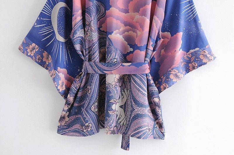 Pink Purple Floral Moon Sky Cloud Print Boho Short Kimono Batwing Sleeve Robe