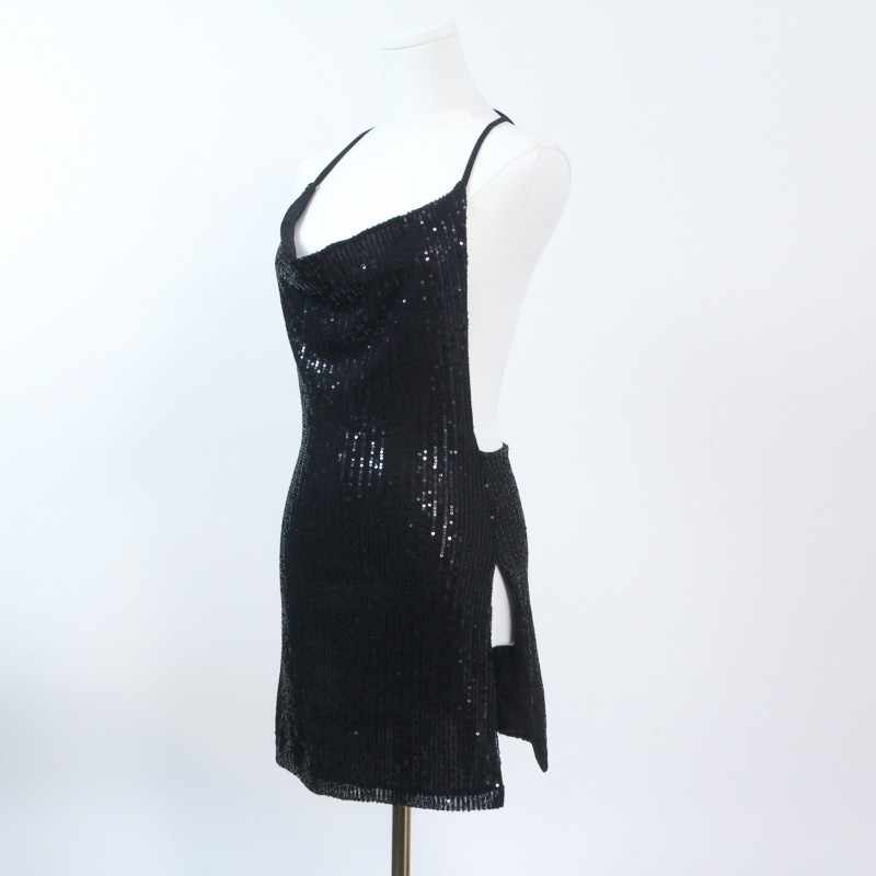 Blush Mark Small Black Sequin Mini Dress Backless Cowl Neck Clubwear Party Spark