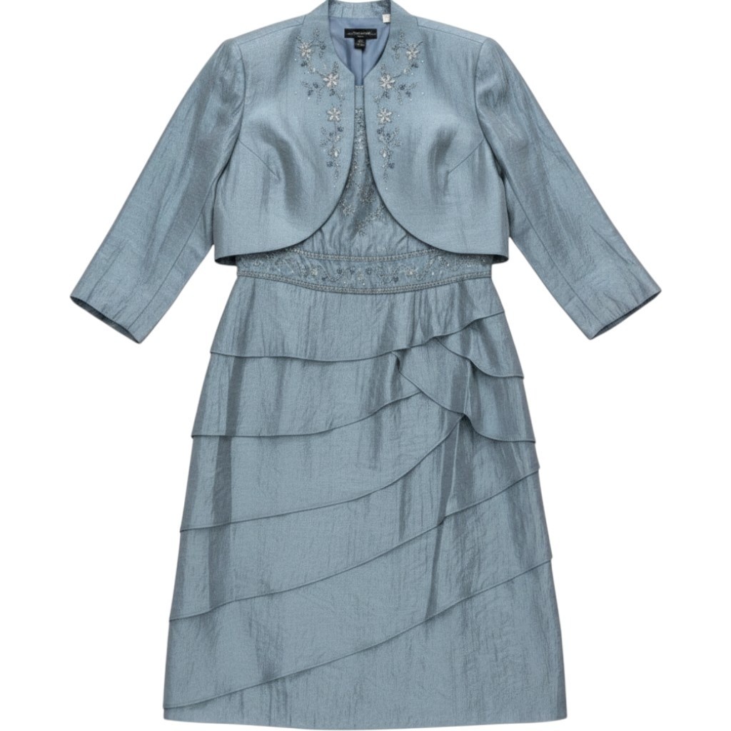 NEW R&M Richards 2 Piece Dress Set Slate Blue Beaded Tiered Ruffle Womens 16W