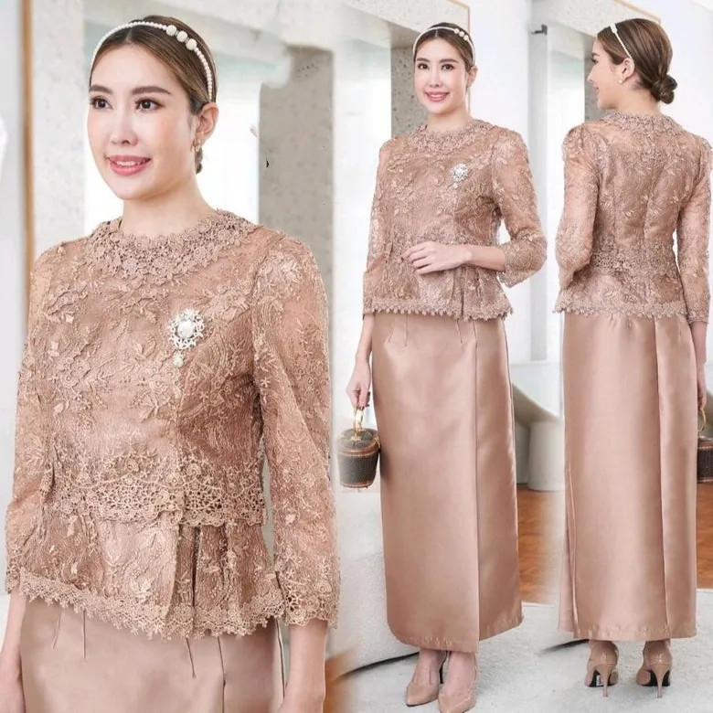 Elegant Mother Of The Bride Dresses Jewel Neck Lace Ankle Length 3/4 Long Sleeve