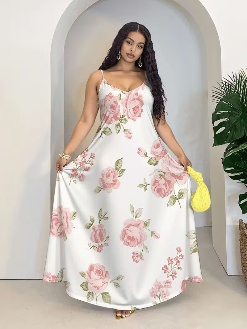 Elegant Plus Size Pink Rose Print Maxi Dress with Pockets