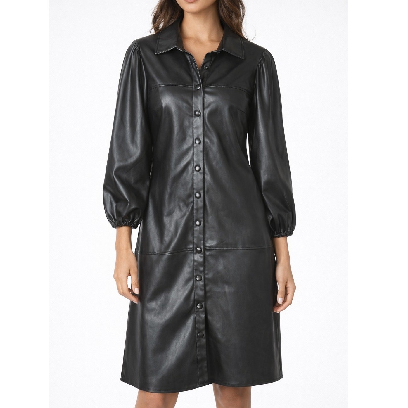 NEW 7 For All Mankind Black Vegan Leather Shirt Dress Balloon Sleeve Womens Lg