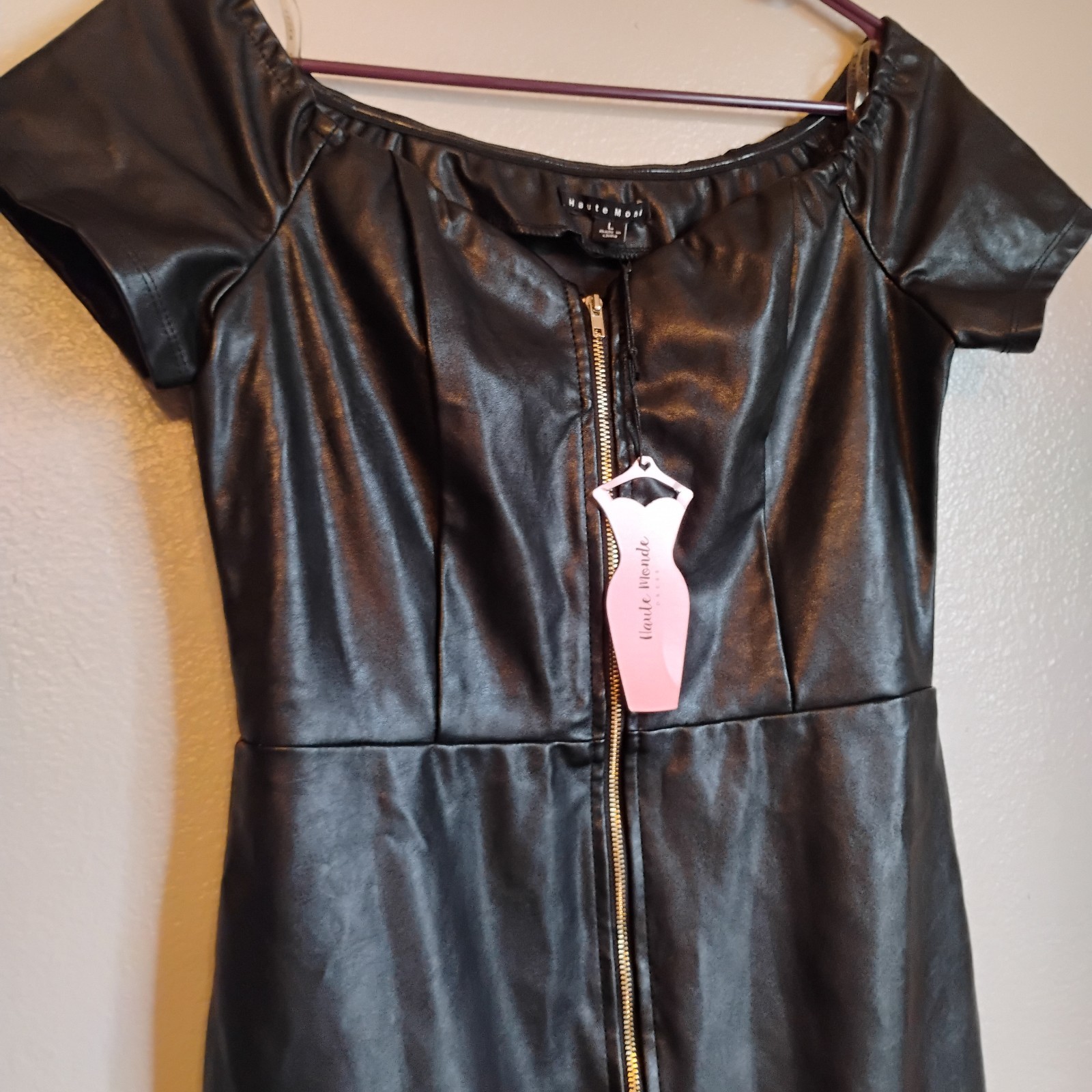 Haute Monde Black Faux Leather Zip Front Bodycon Midi Dress Size L NWT