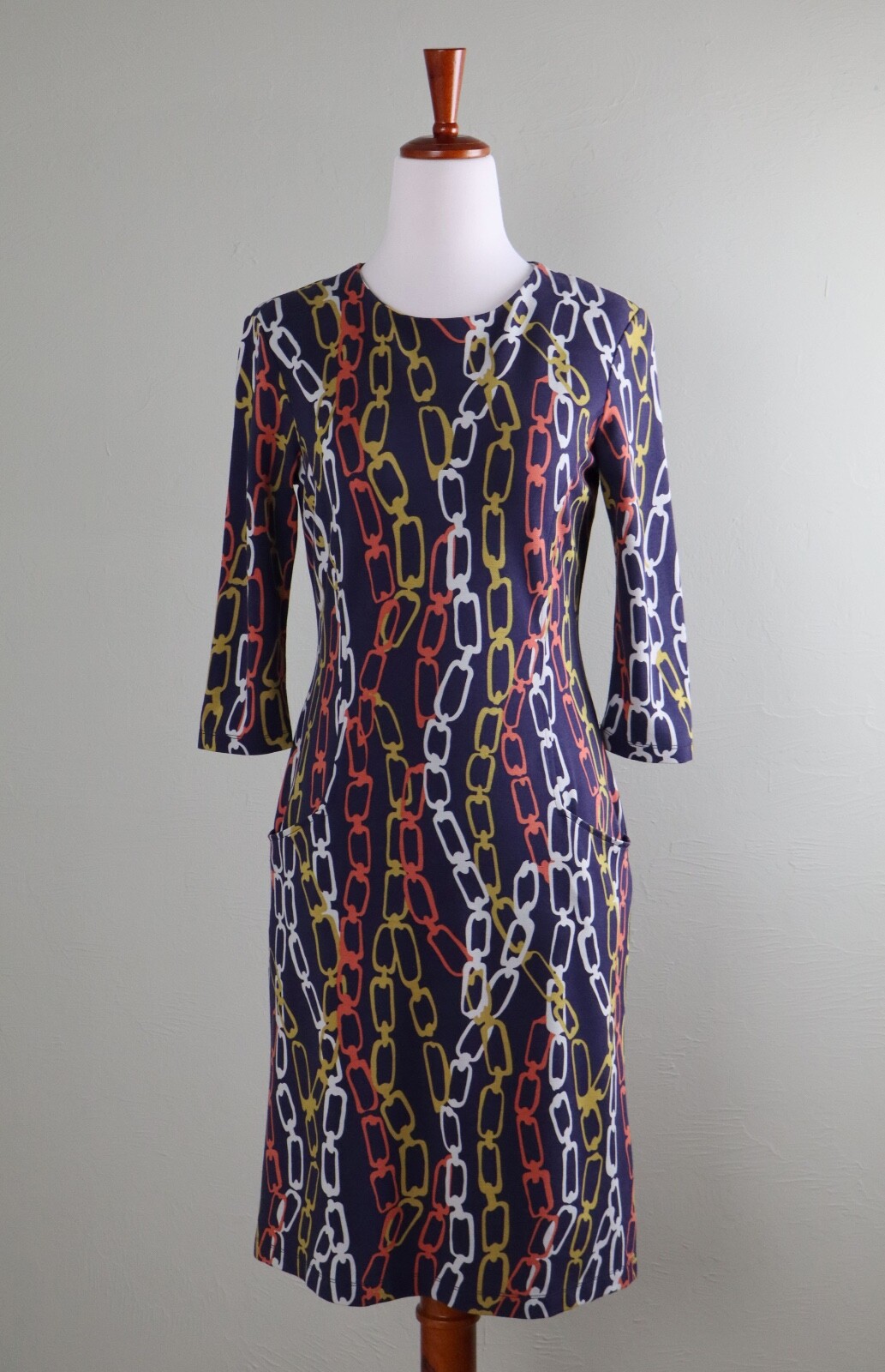 J. MCLAUGHLIN $228 Navy Soft Stretch Rayon Chain Link Print Dress Size XS