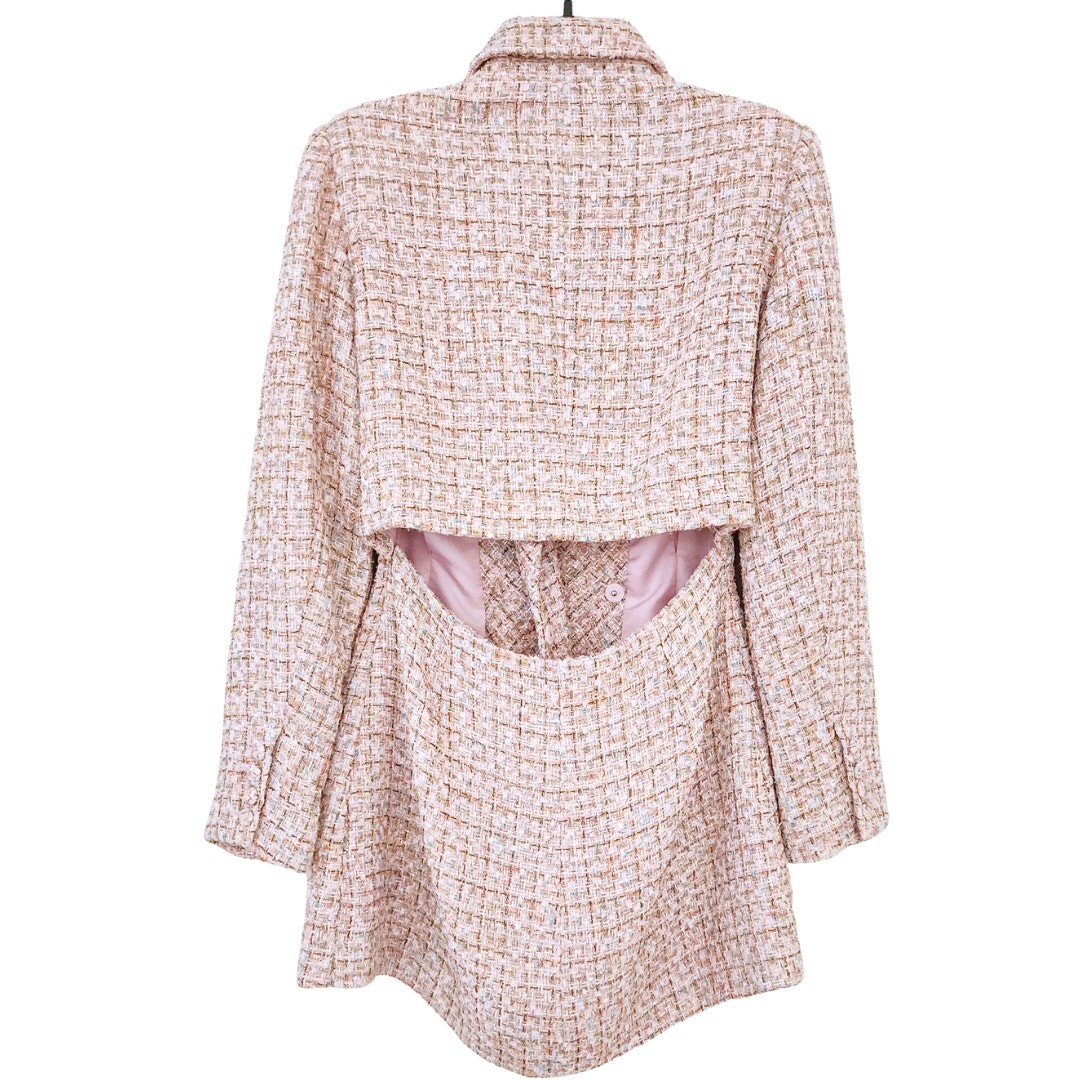 Self-Portrait Tweed Boucle Mini Dress Pink Gold Sequin Long Sleeve Suit Blazer 8