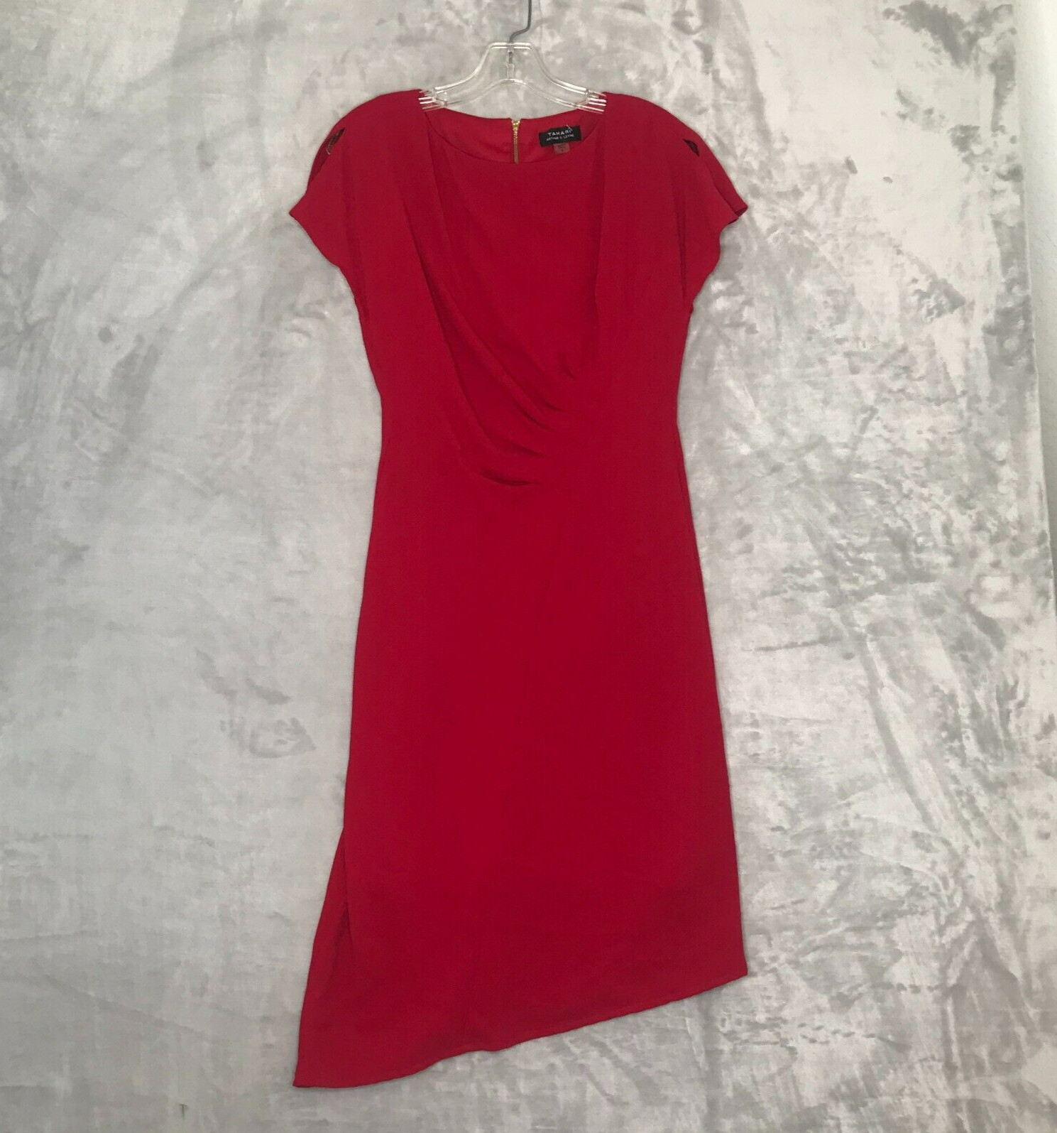 Tahari Dress Womens 6 Red Sheath Split Cap Sleeve Ruched Waist Asymmetric Hem
