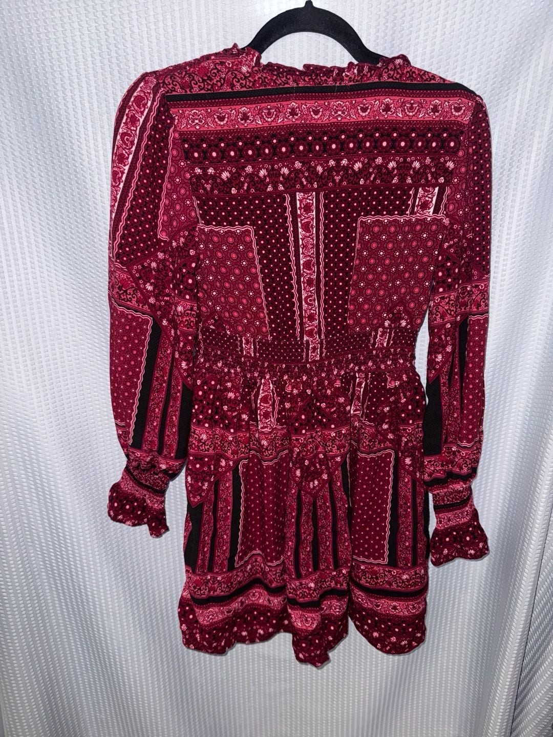 Altar’d State Maroon Floral Patchwork Mini Dress with Long Sleeves