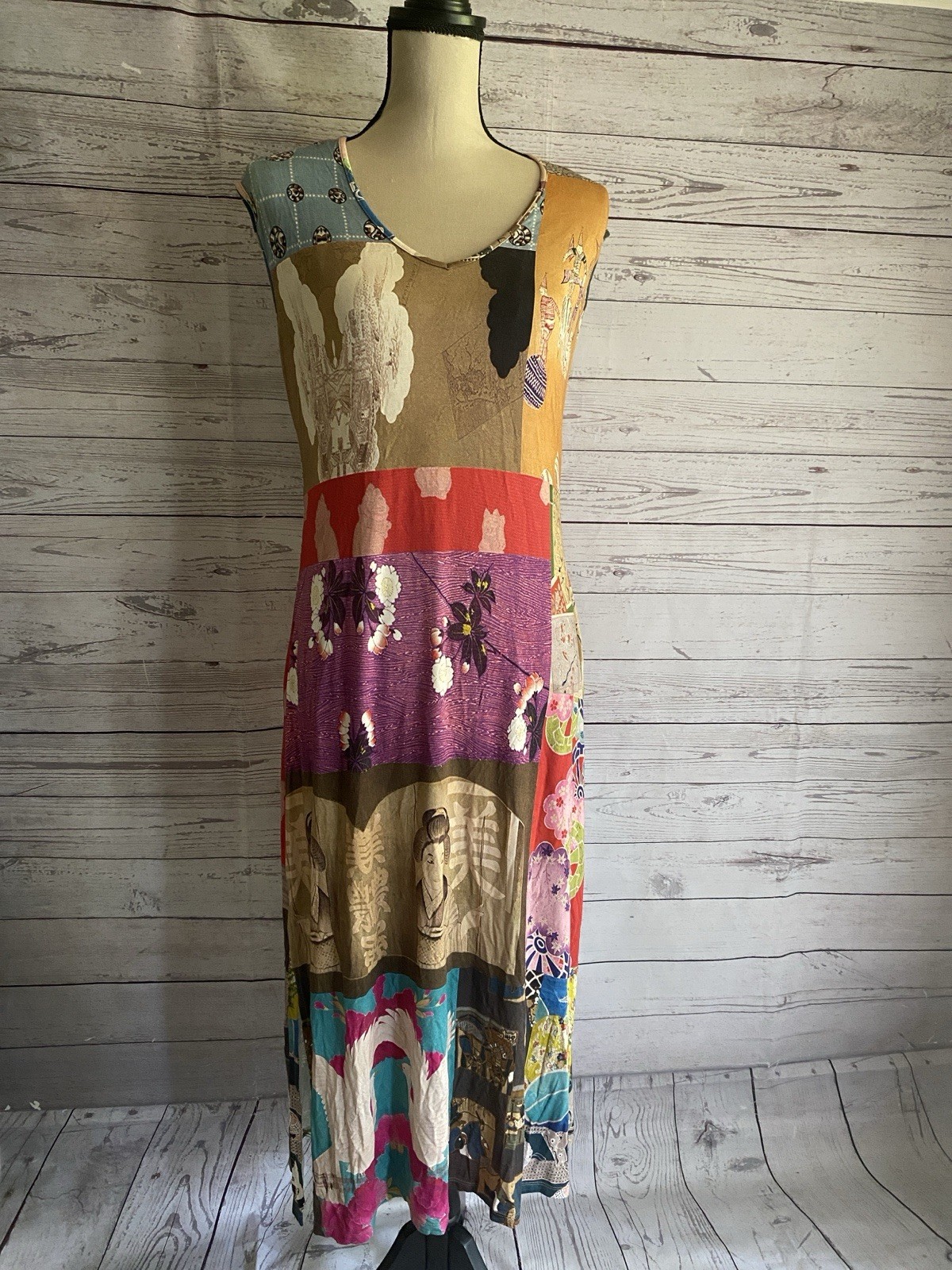 $198 Johnny Was Tokyo Patchwork High Slit Bamboo Knit Midi Dress Small NEW