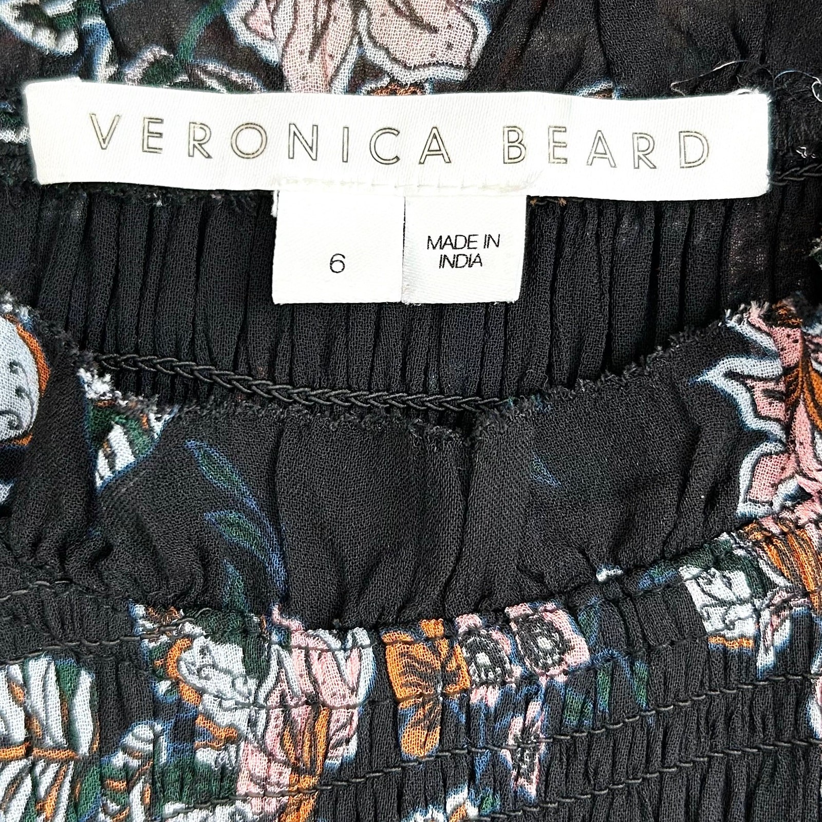 Veronica Beard Gabi Black Floral Chiffon Drop Waist Smocked Midi Dress SIZE 6