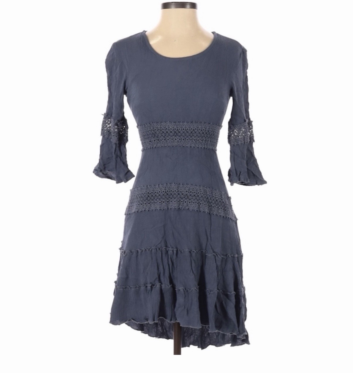 Solitaire Boho Cottagecore Blue Rayon Dress XS Crochet Lace Tiered Bell Sleeve
