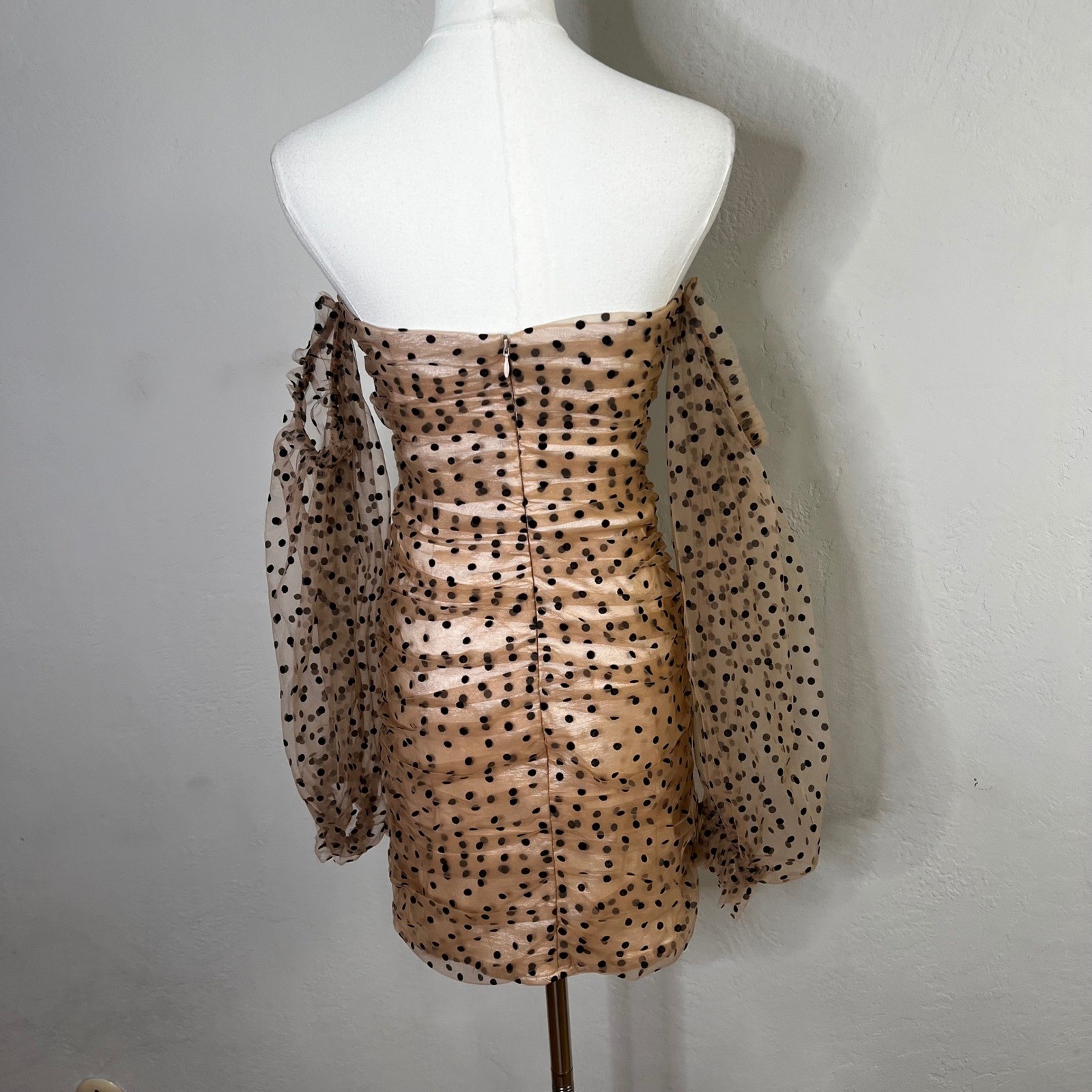 MAJORELLE Secrets Polka Dot Mesh Ruched Off Shoulder Mini Dress Strapless Size S