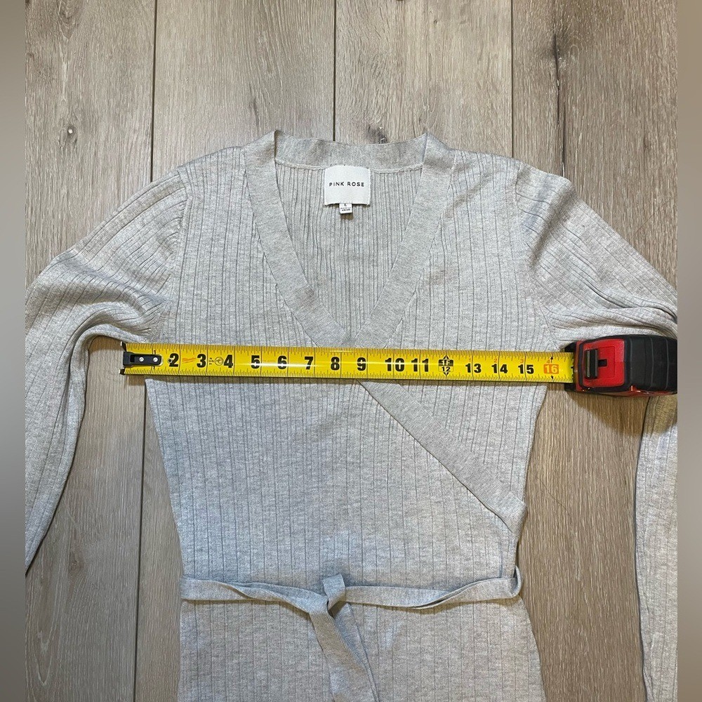 Pink Rose Light Gray Ribbed Knit Wrap Midi Sweater Dress Tie Waist Large