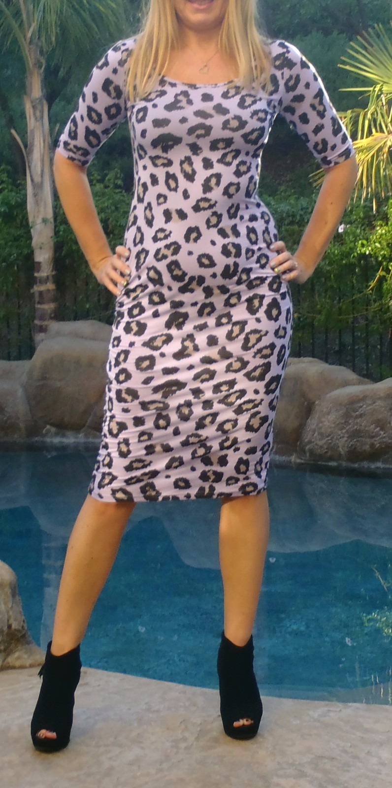 Maya Antonia-Stretchy Purple-Black Leopard Midi Dress Knee Length Elbow Sleeves