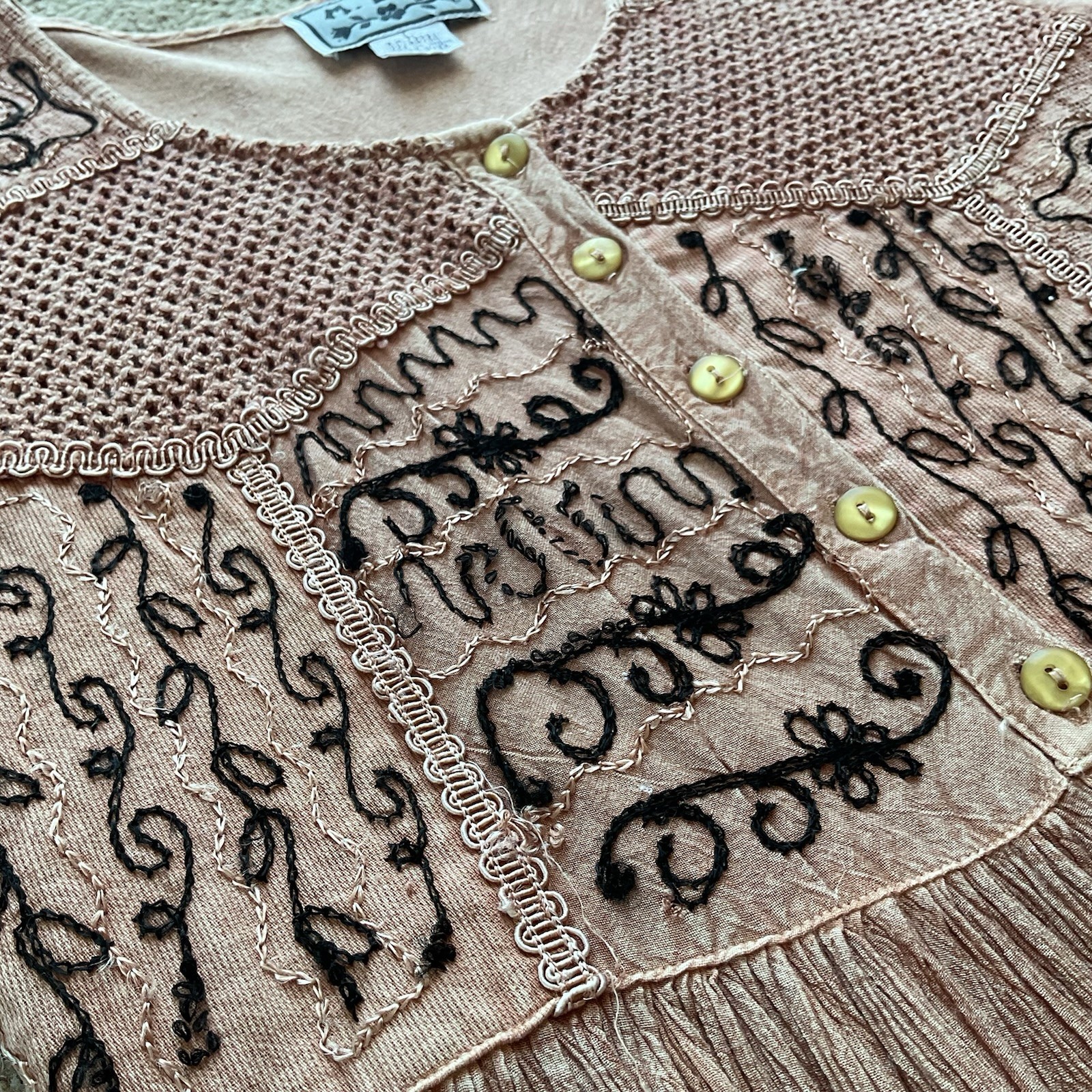 M.P.H Womens L Boho Brown Floral Embroidered Button Up Fit & Flare Pleated Dress