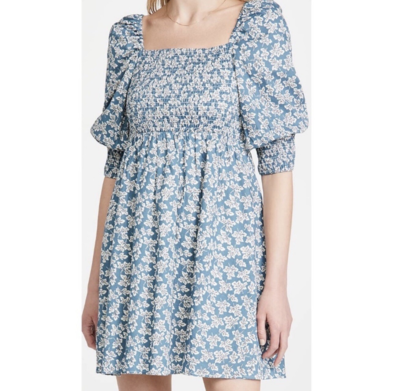 OPT Pastoral Cotton Blue floral puff sleeve Smocked Square Neck Dress M