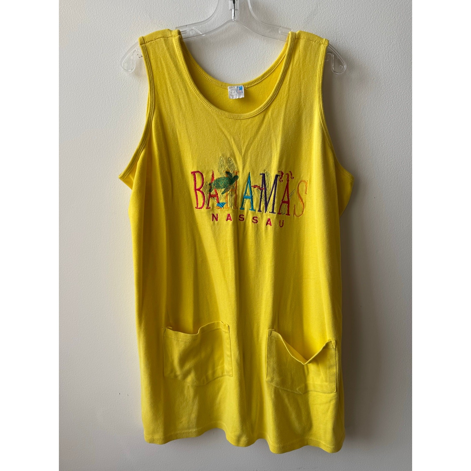 Vtg 90s Embroidered Yellow Oversized Tank Top Shirt Dress Beach Coverup Turtle L