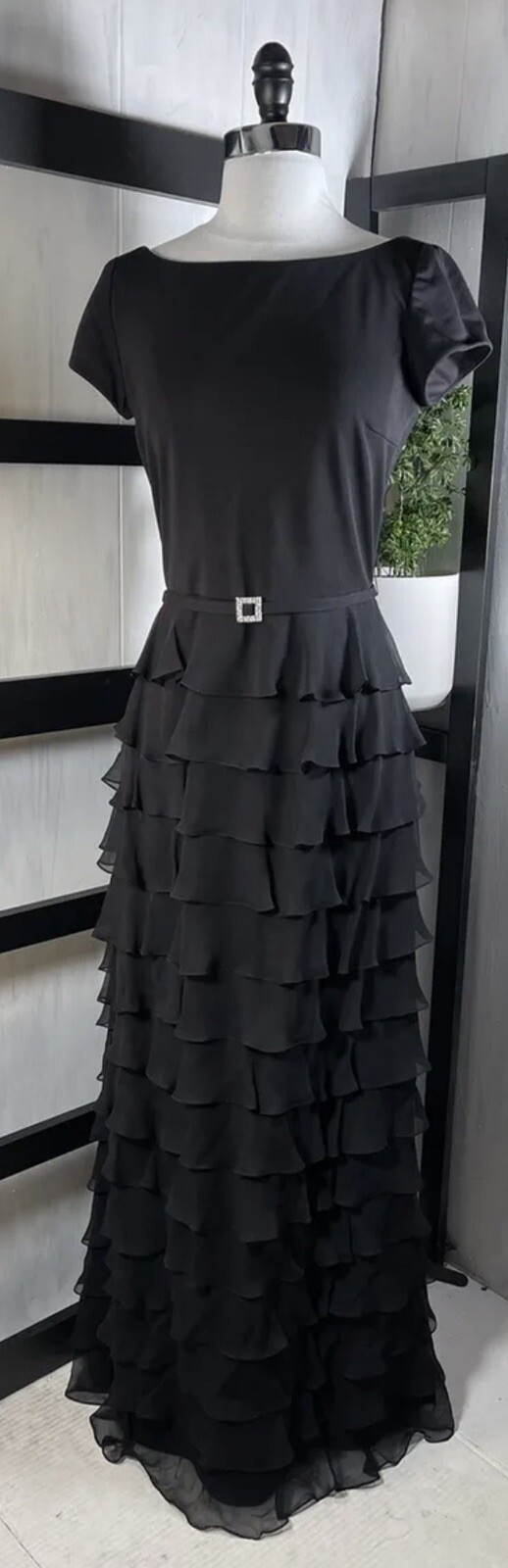 Victoria Royal 100% Silk Tiered Maxi, Rhinestone Belt, Size 8, Glamorous, NEW