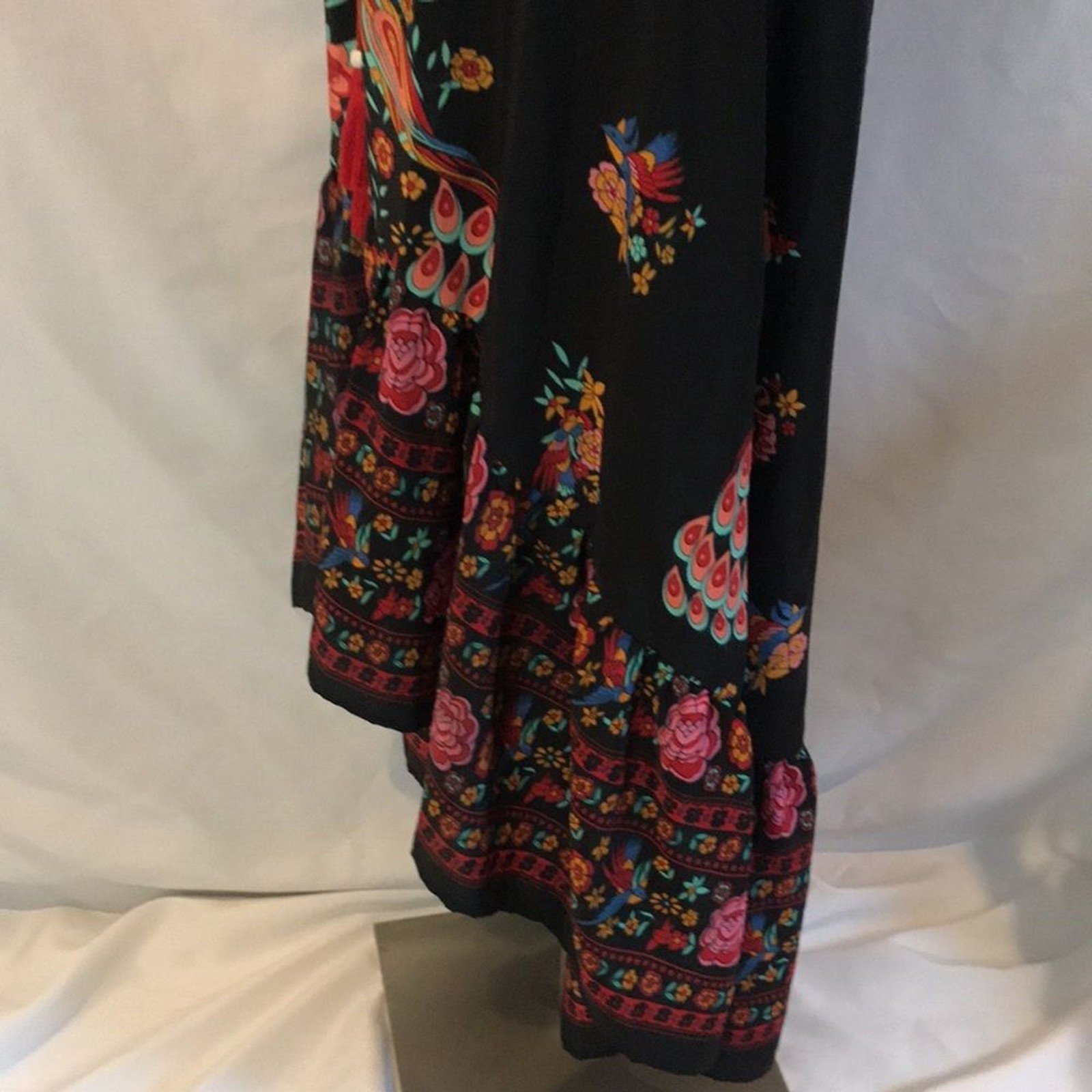 Black floral peacock colorful print short sleeves hi-low maxi dress boho gypsy M