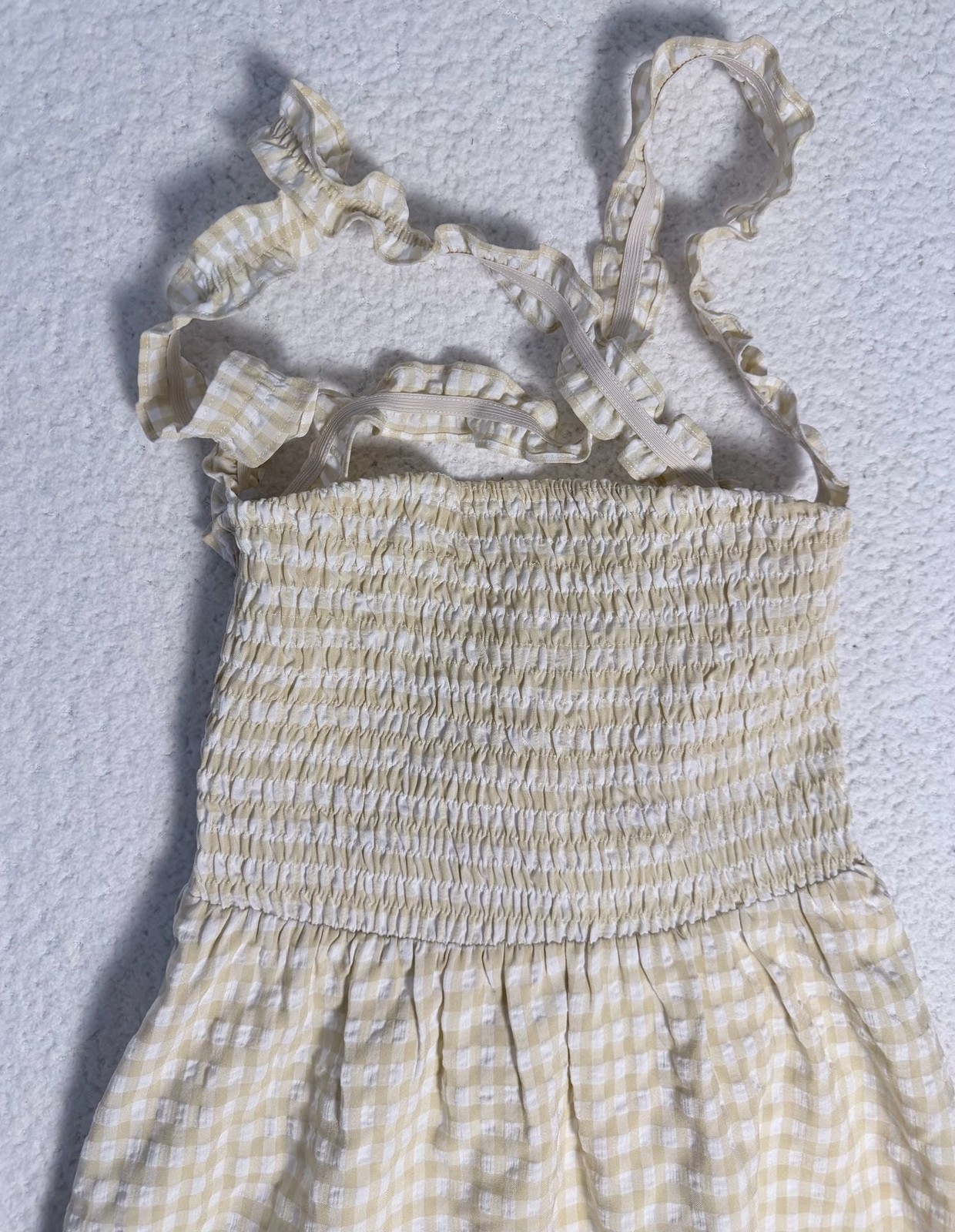 Le Lis Collection Yellow White Gingham Seersucker Smocked Midi Dress Tie Back