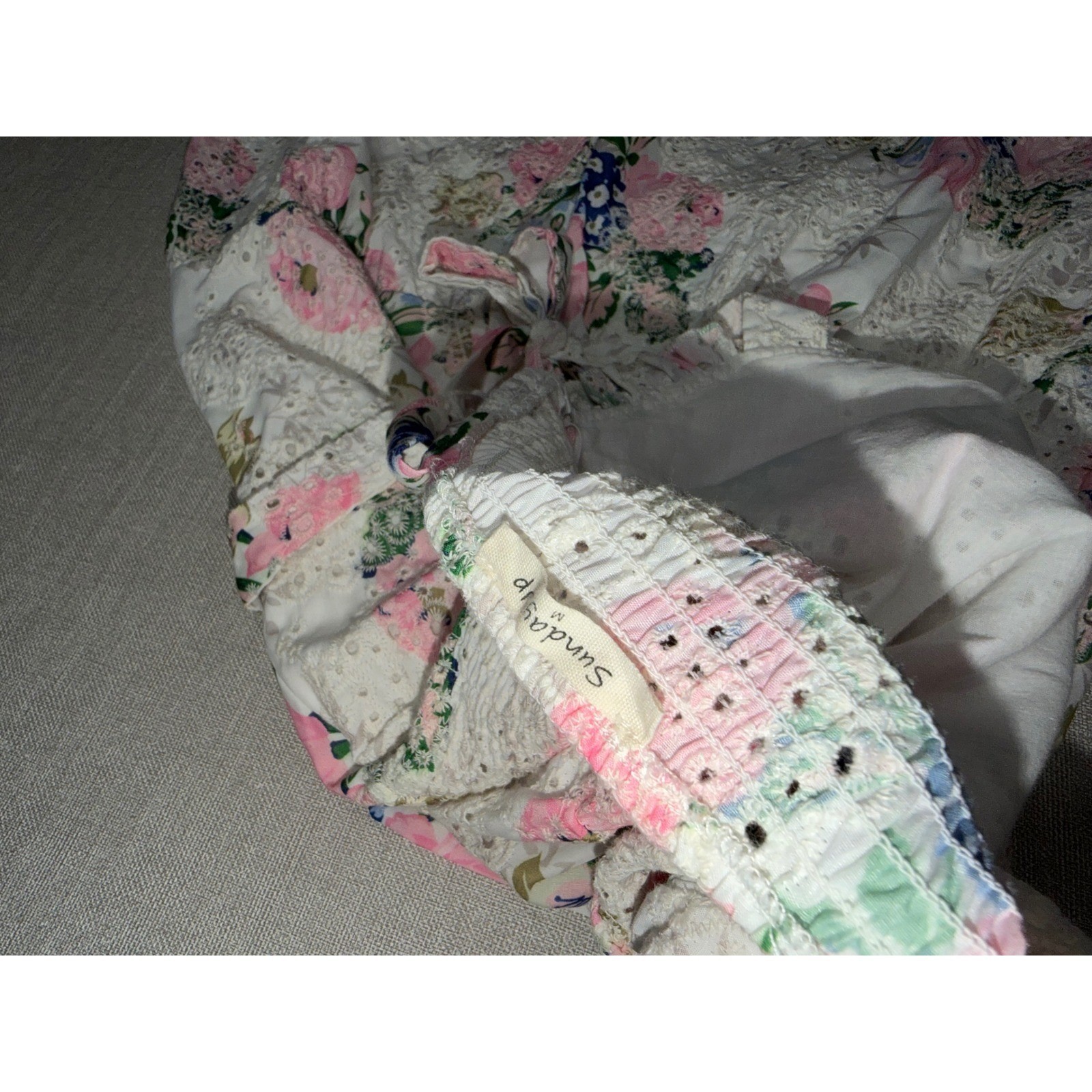 Sunday Up Floral Eyelet Lace Tie Shoulder Smocked Midi Dress Pink White Medium