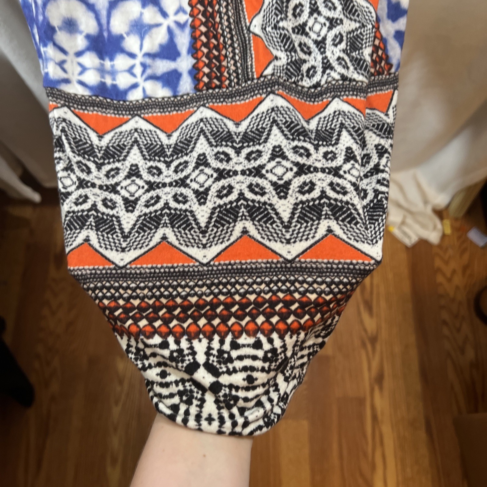 Hale Bob Cabana Strapless Maxi Dress Blue White Orange Aztec Boho Pattern Size S