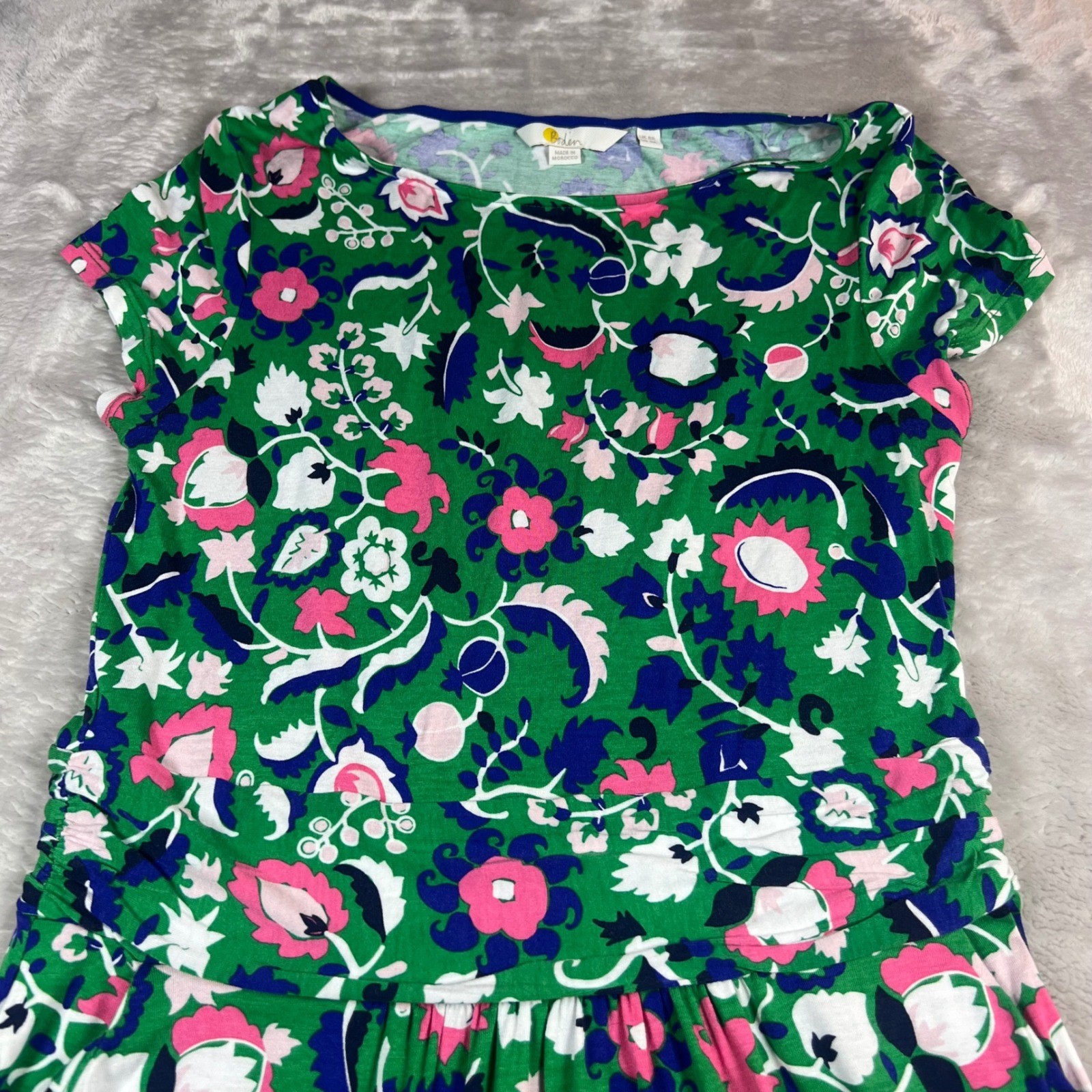 Boden Womens 4R Dress Green Pink Floral Short Sleeve Jersey Knit Midi Pockets