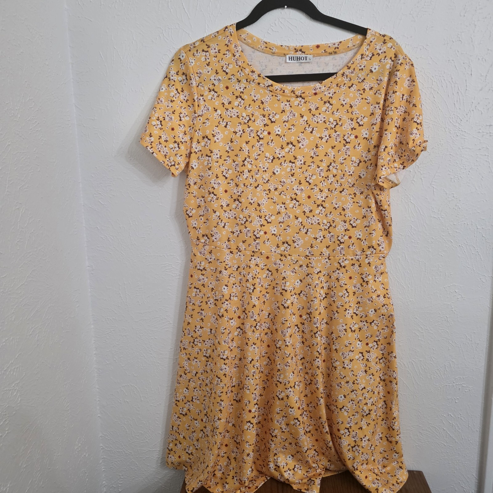 HUHOT Summer Short Sleeve Yellow Floral Dress Size Womens Large
