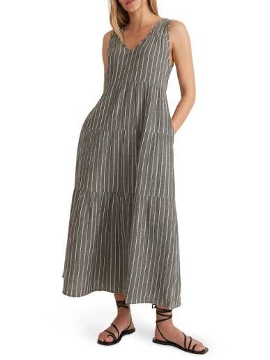 MARINE LAYER Corinne 100% Cotton Gauze Maxi Tiered Dress – BW Stripe