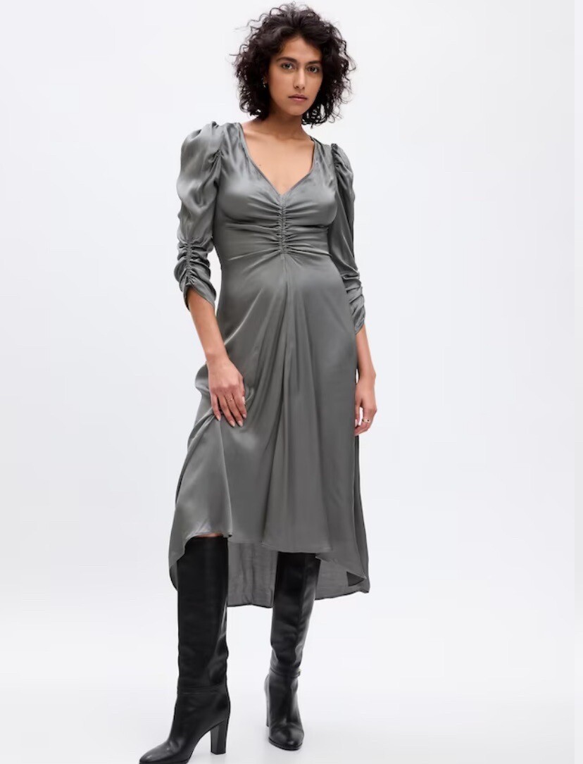 GAP NWT Women’s Ruched Satin Midi Dress – New Shadow Grey – Size Medium