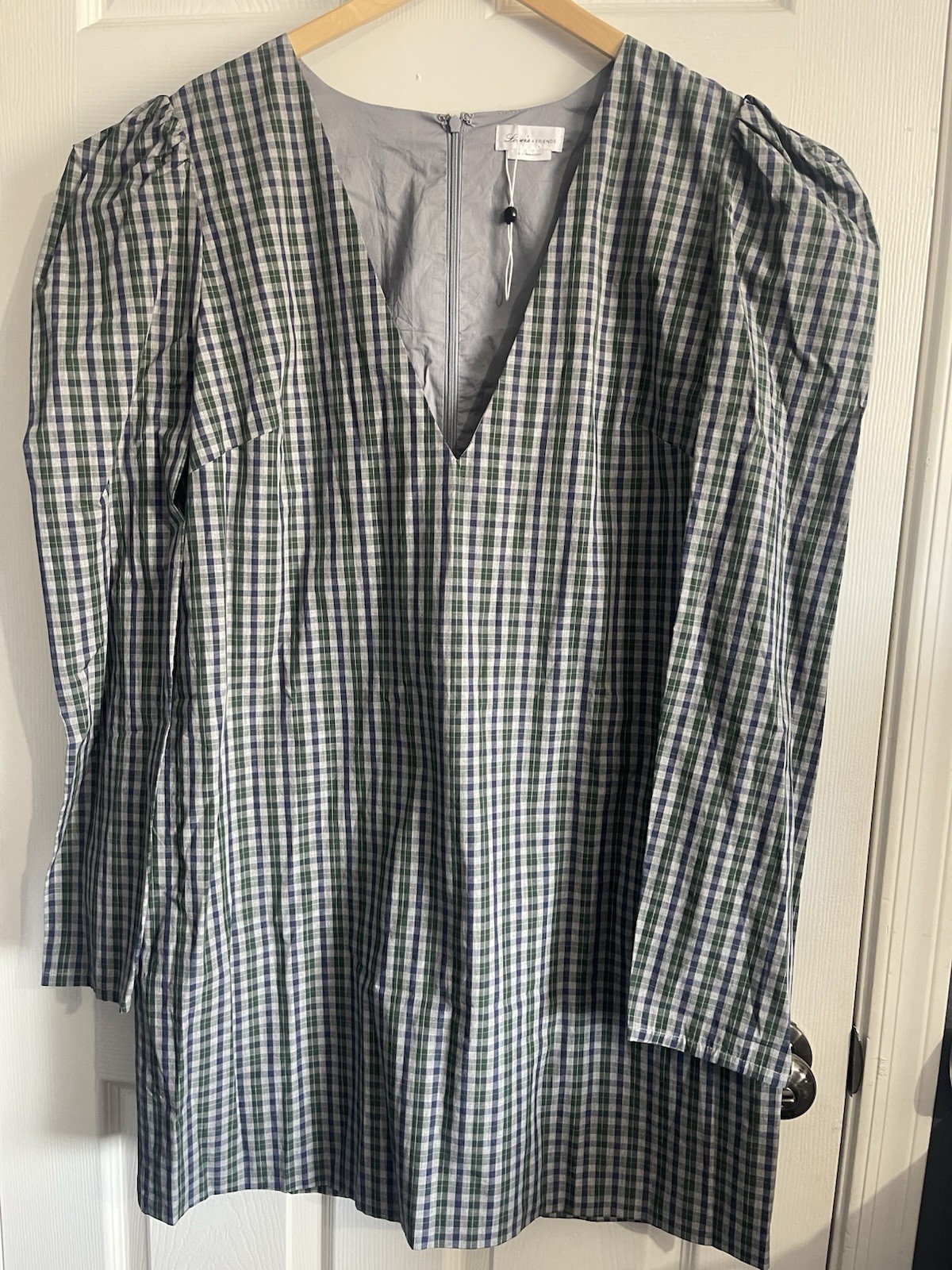 New Lovers + Friends Reyes Dress XL Plaid Check Green Blue Puff Long Sleeve Gray
