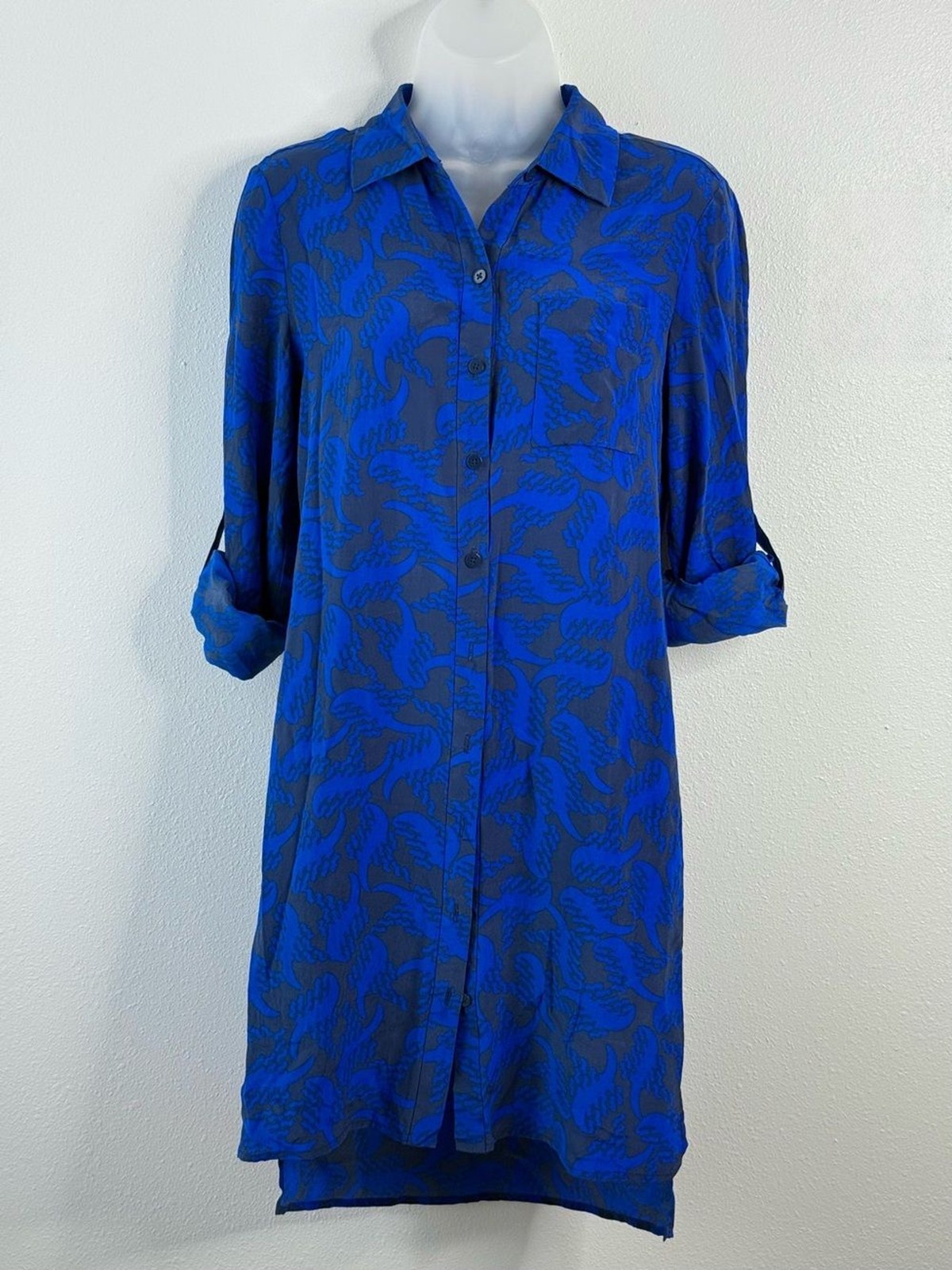 Diane Von Furstenberg Royal Blue & Navy Printed Button-Down Shirt Dress