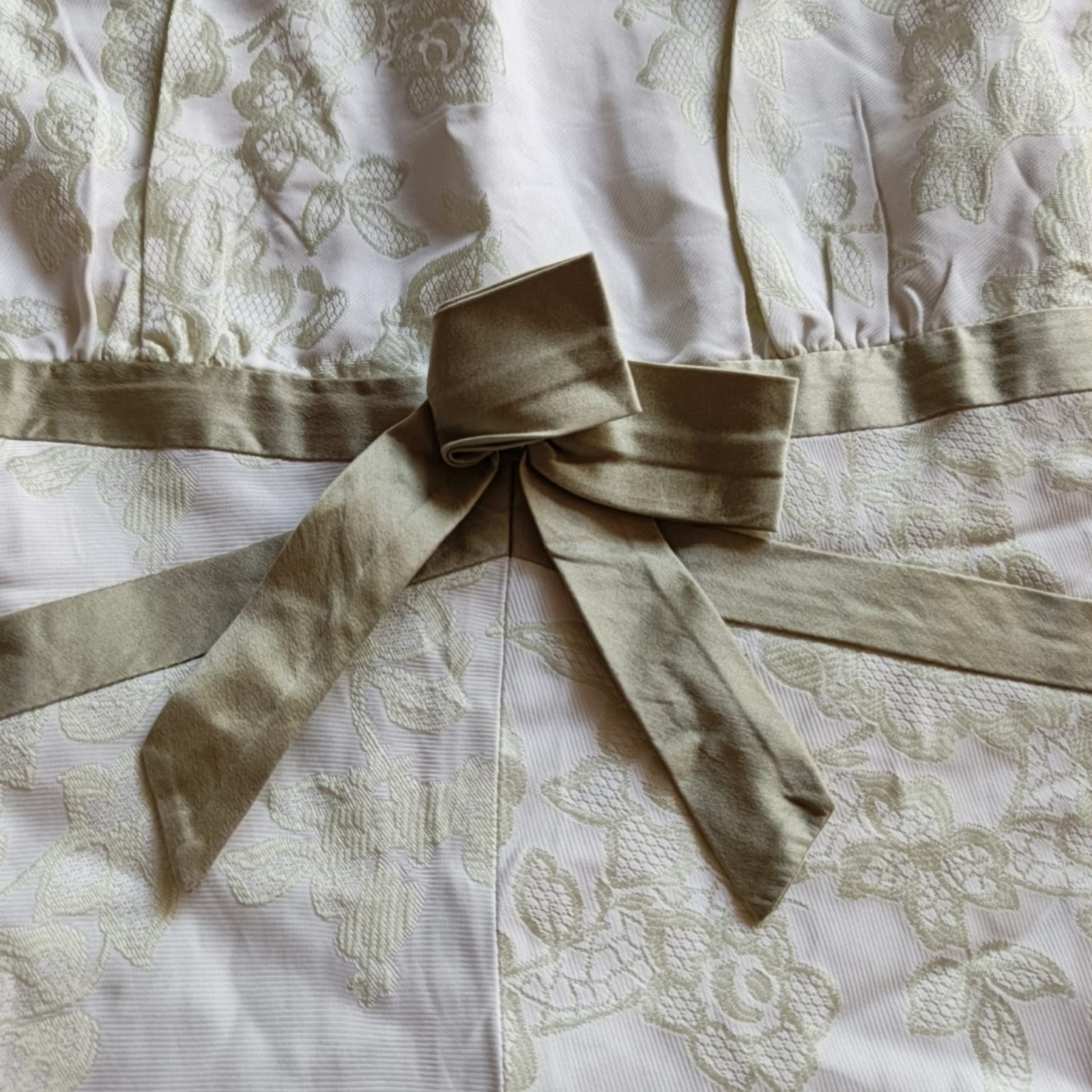 Vintage COMPELA Floral Jacquard Midi Dress Sage Green Bow Accent Flare Line