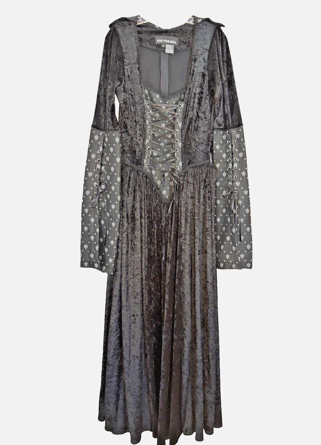 Subterranea Black Velvet Fleur De Lis Dress Gothic Renaissance Medieval Sz M EUC