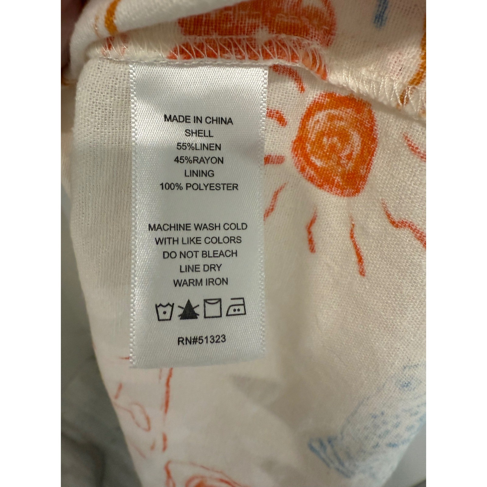 CeCe Coastal Print Linen Blend Ric Rac Trim Midi Dress Cream Orange Blue Medium