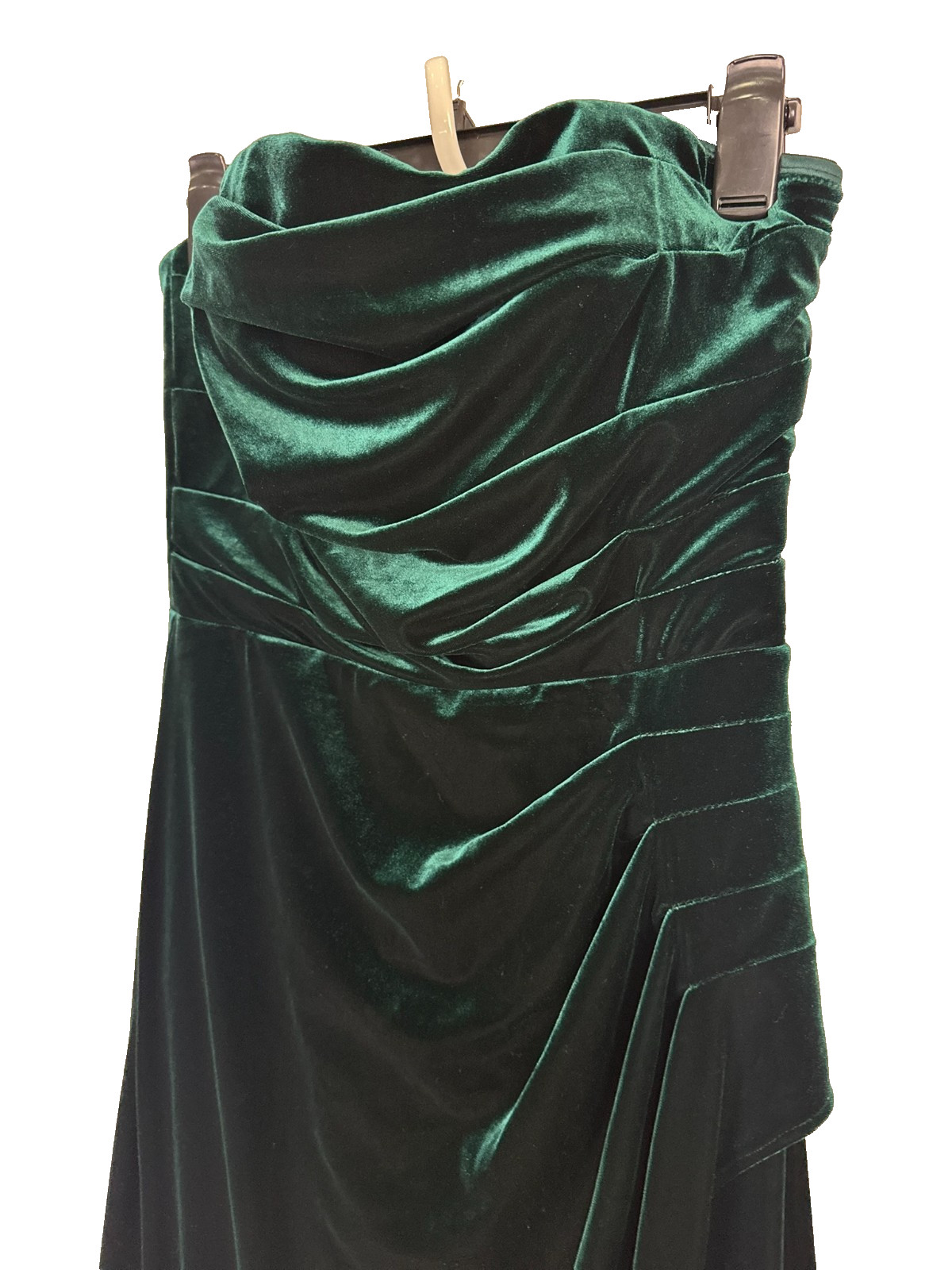 AQUA Strapless Velvet Gown 10 Hunter Green Ruched High Slit Draped Pleated NWT