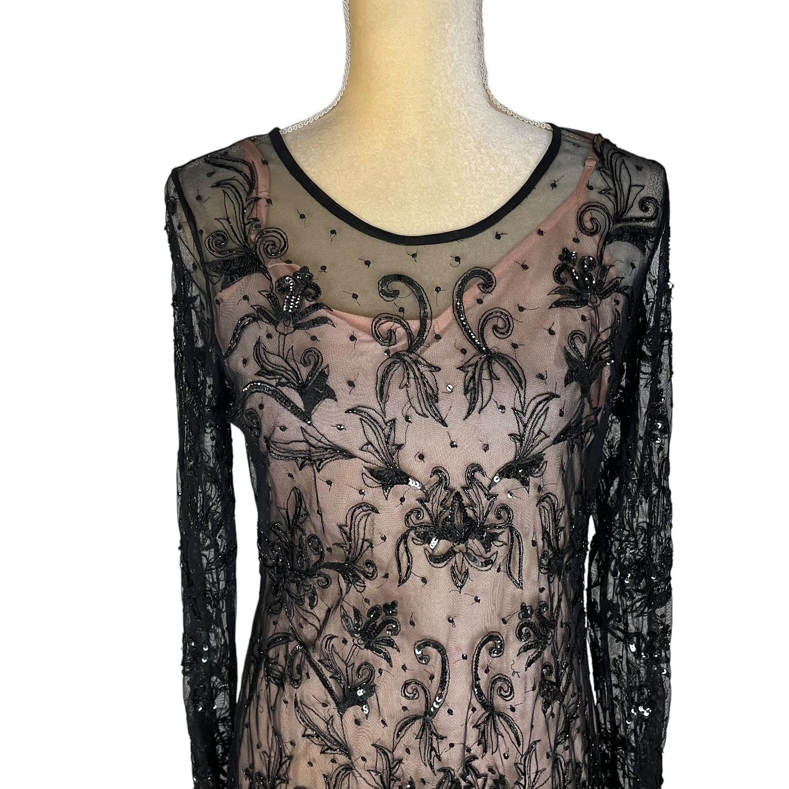 Single LA Black Floral Sequins Long Sleeve Sheer Mini Dress Size M Glam Luxury