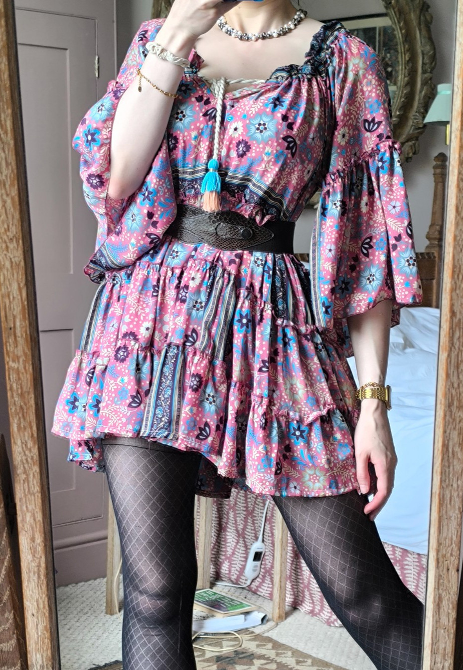 BOHO 70% SILK Flared Flounce Sleeve Tiered Tunic Paisley Mini Dress 8 10 12 14